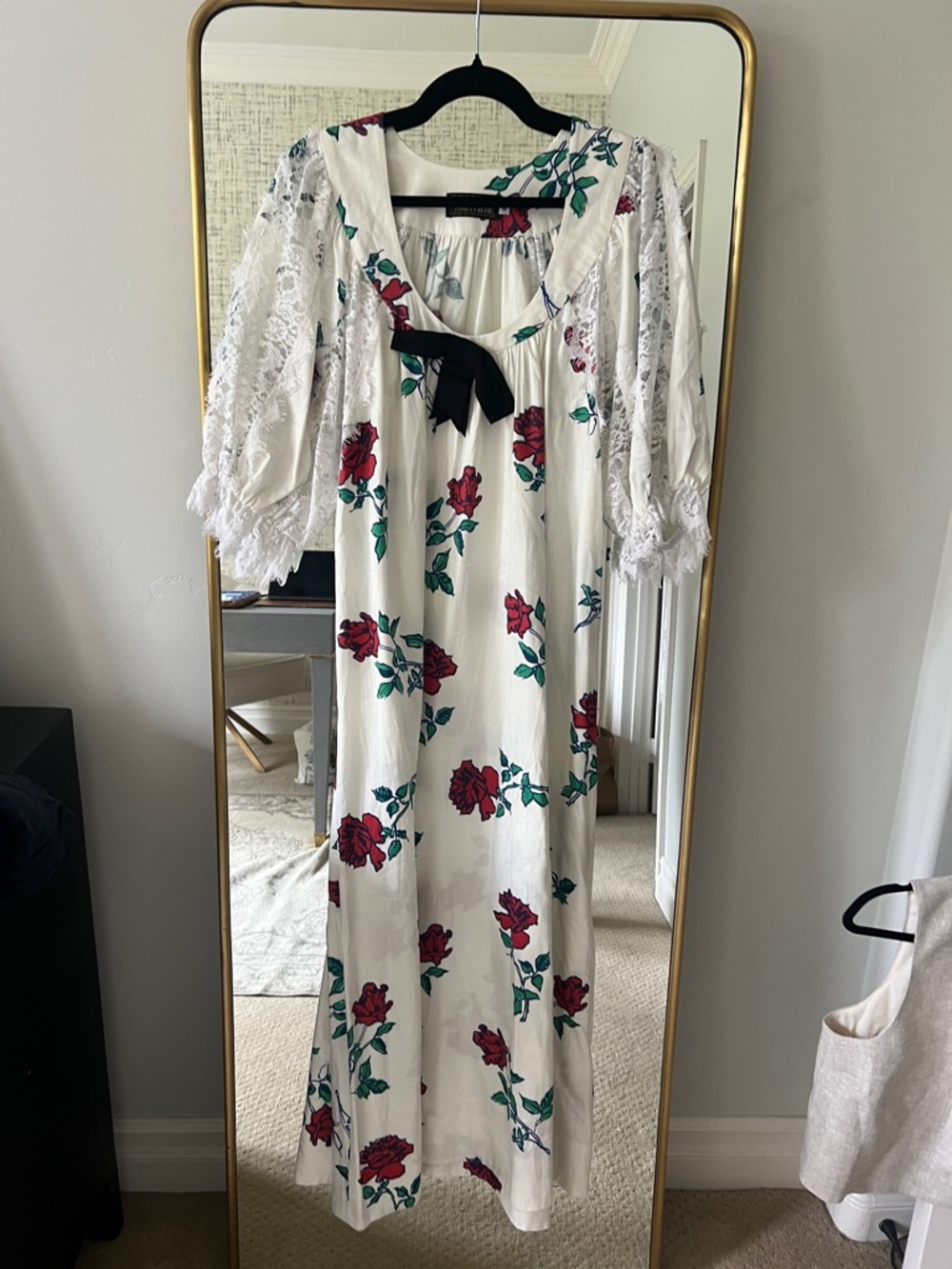 Tracy Feith White Maxi Dress with Red Rose Print and Black Bow